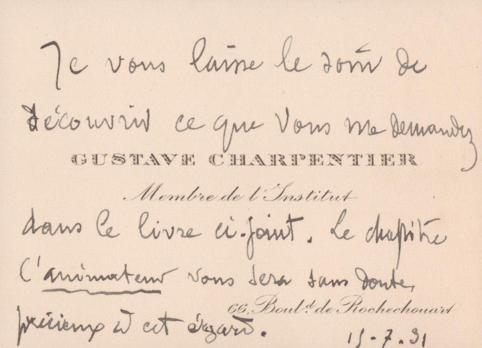 Charpentier, Gustave - Signed Visiting Card with Note.